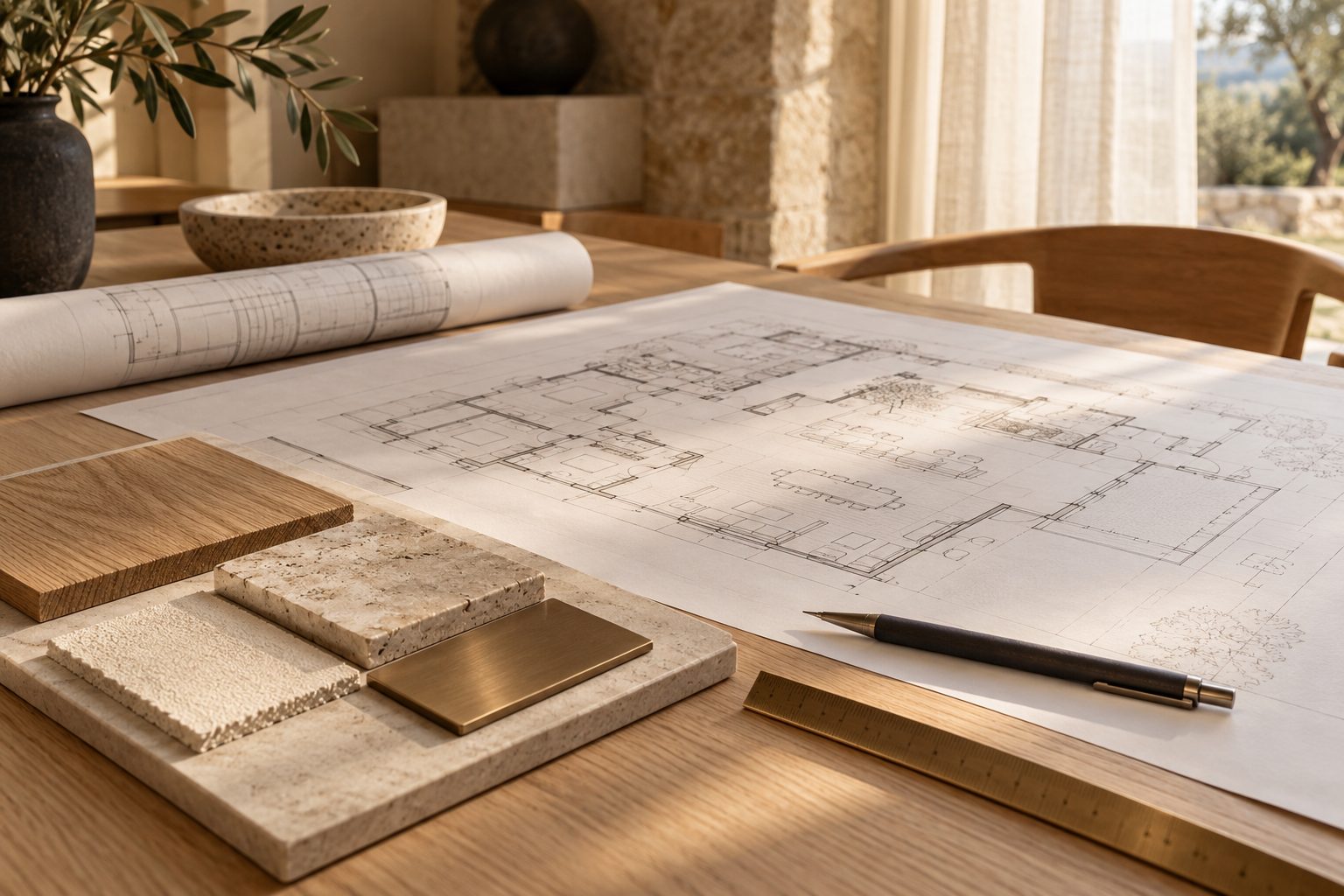 Architectural floor plans on an oak table beside a board of timber, travertine and brushed bronze samples