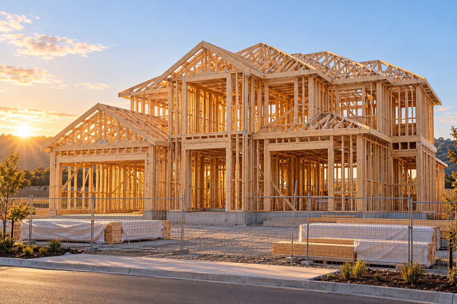 The timber frame of a two-storey home on a tidy building site at sunrise