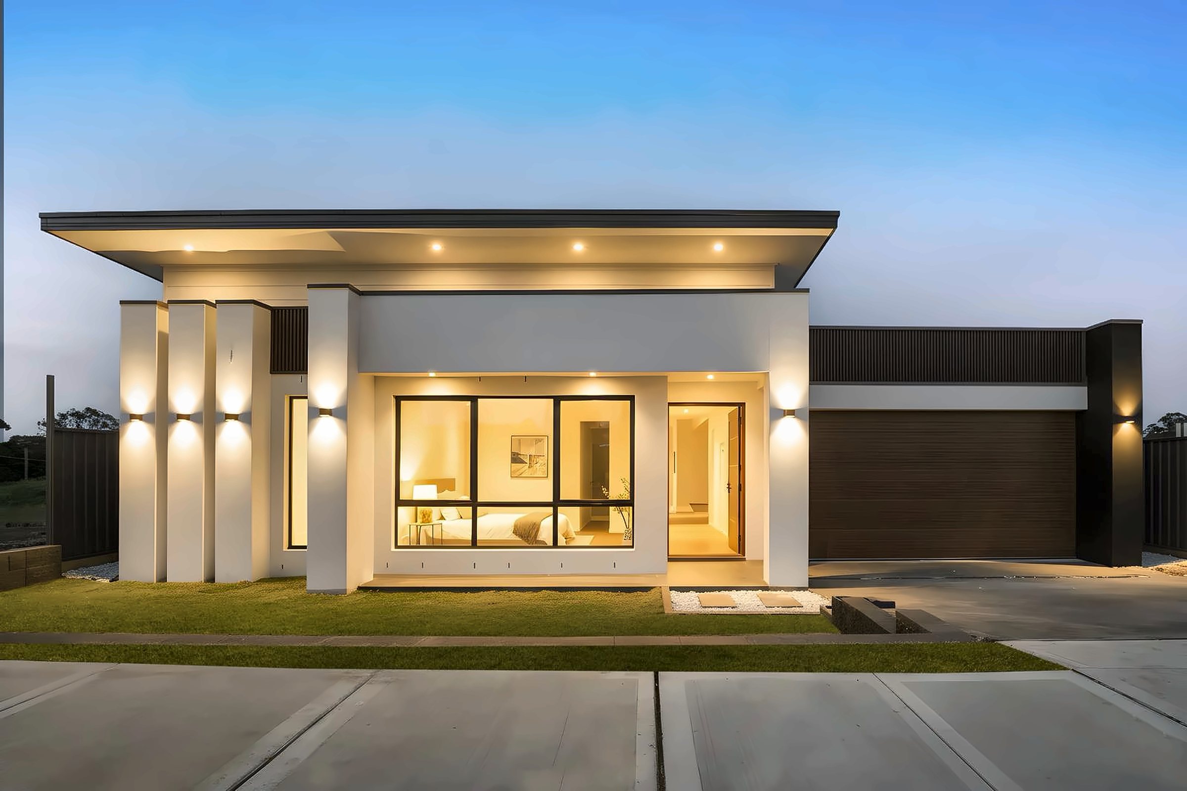 A contemporary single-storey Woodcastle home at dusk, its rendered columns and wide windows lit warmly